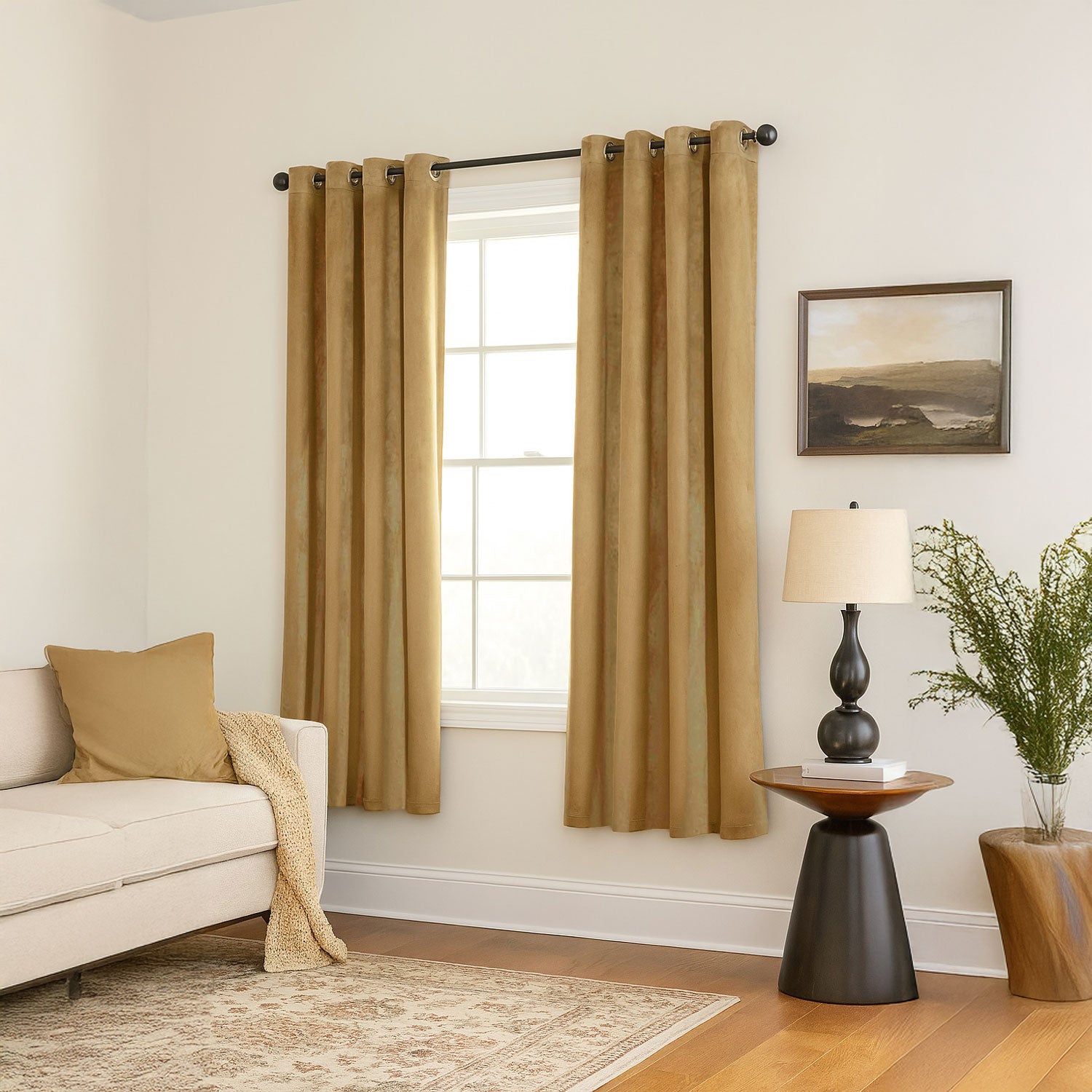 Ochre Mustard Velvet Darkening Eyelet Curtain Pair - 46x63 Inch Drop Image 6