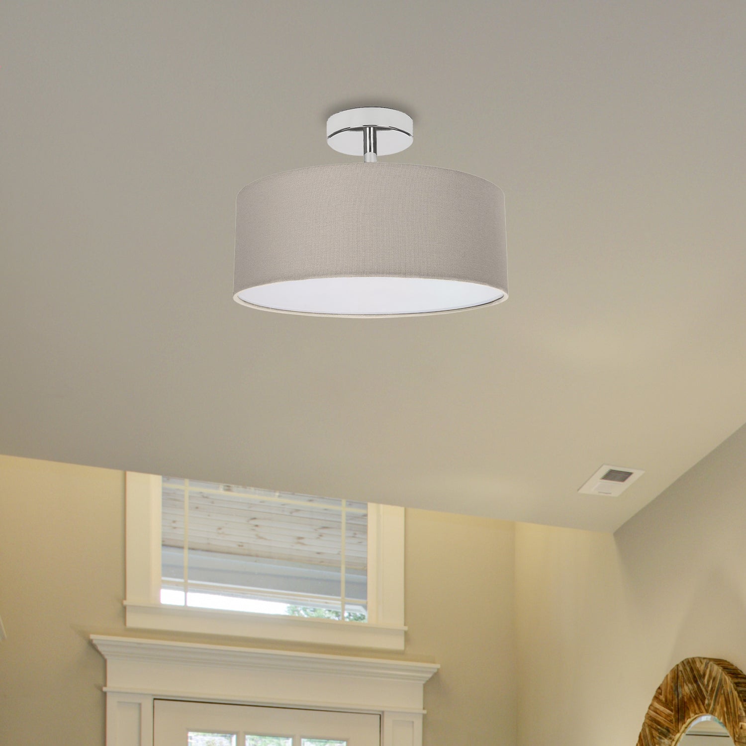 Contemporary Grey Linen Fabric Semi Flush Ceiling Light Fixture with Diffuser Image 5