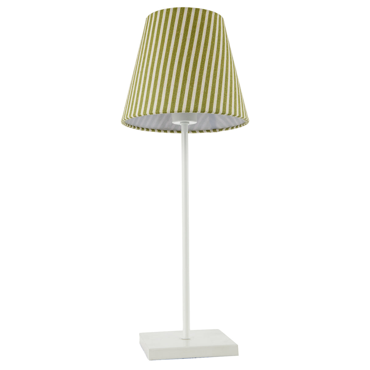 Olive Green and White Cotton Fabric Striped Table Lamp with White Base Image 3
