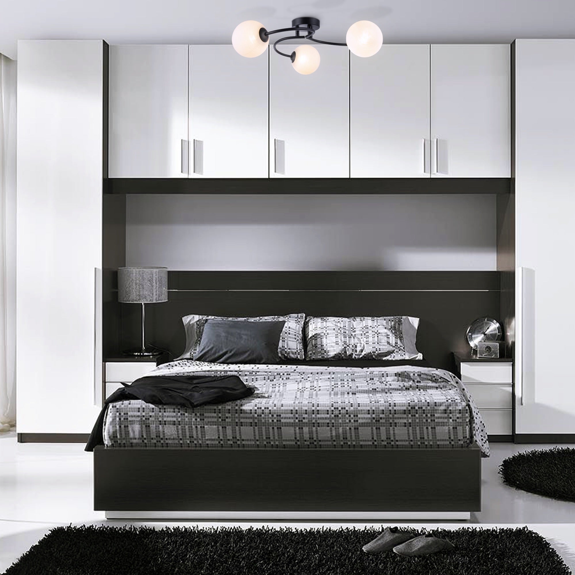 Modern 3-Arm Matte Black Ceiling Light with Opal Swirl Glass Spherical Shades Image 7