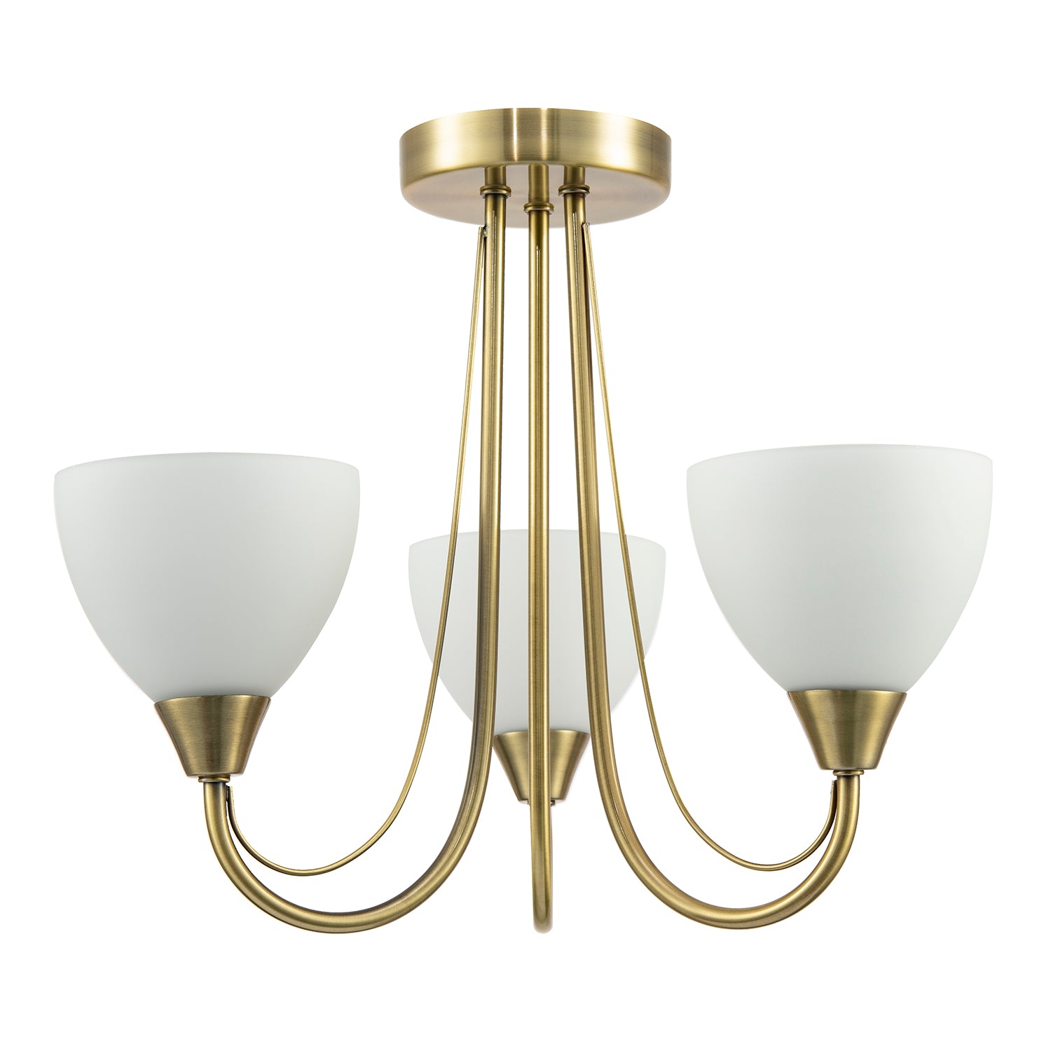 Designer Antique Brass Three Arm Ceiling Light with Opal White Glass Shades Image 2