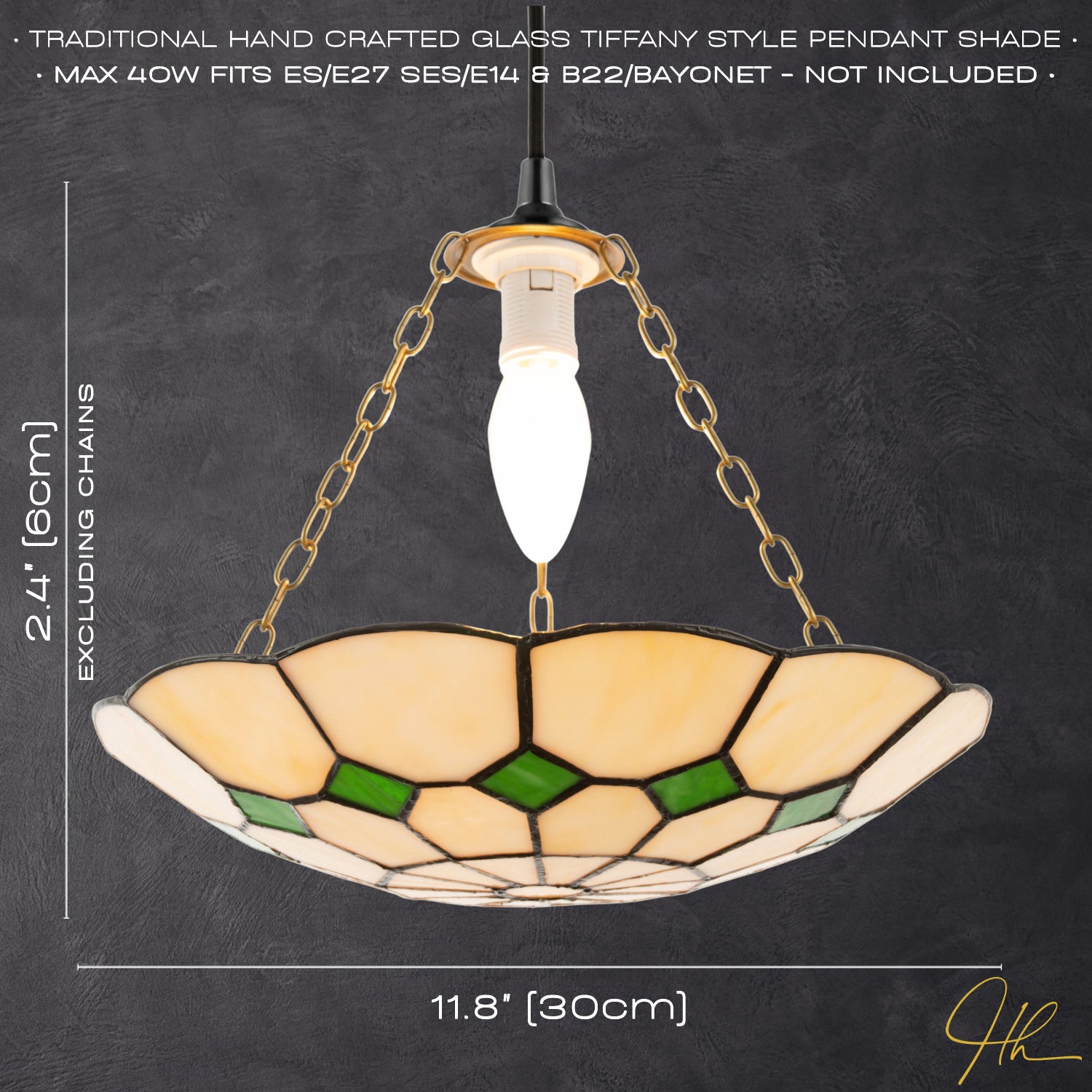 Classic Amber Stained Glass Tiffany Pendant Lighting Shade with Green Diamonds Image 6