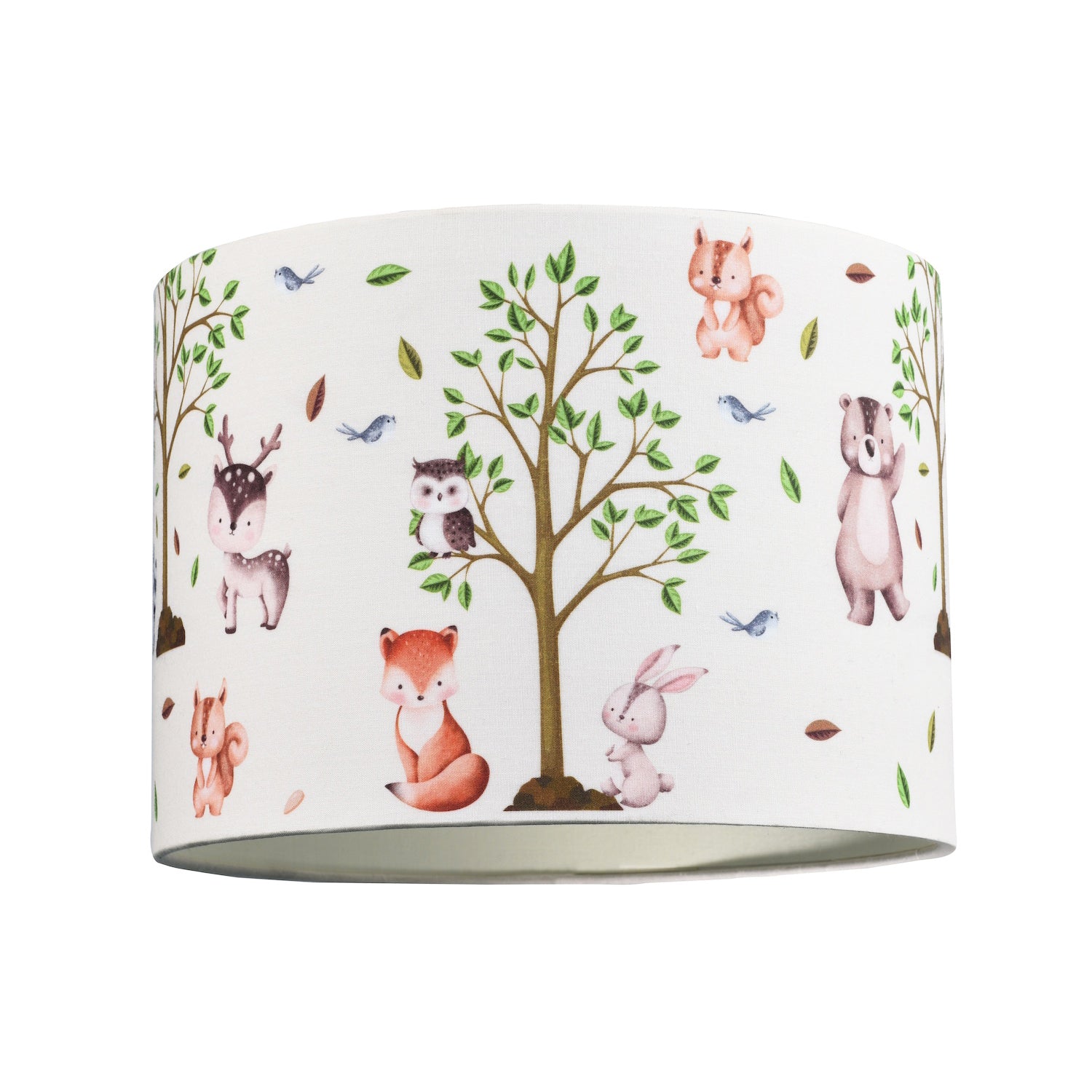 Cute Woodland Animals Round Lamp Shade in Cotton Fabric - Foxes Owls Rabbits Image 1