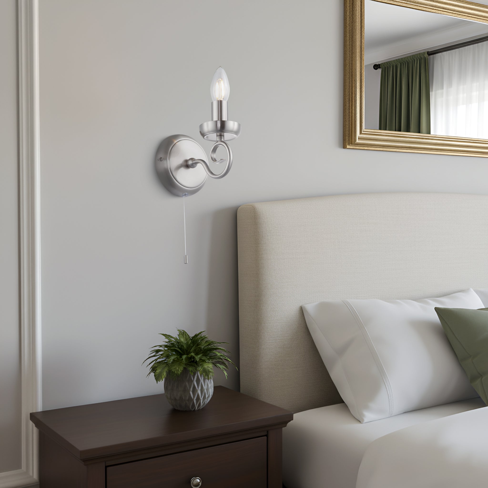 Traditional Satin Nickel Wall Light with Scroll Arm and Pull Switch Image 6