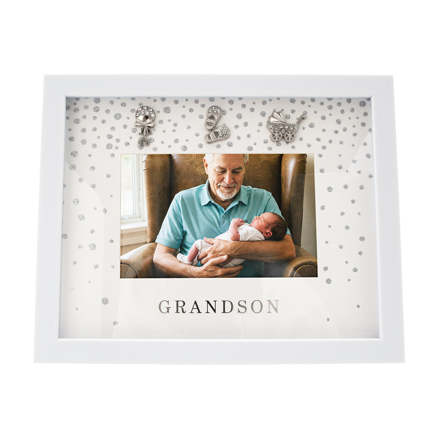 Modern Grandson 4x6 White Picture Frame with Silver Foil Falling Dots Image 3