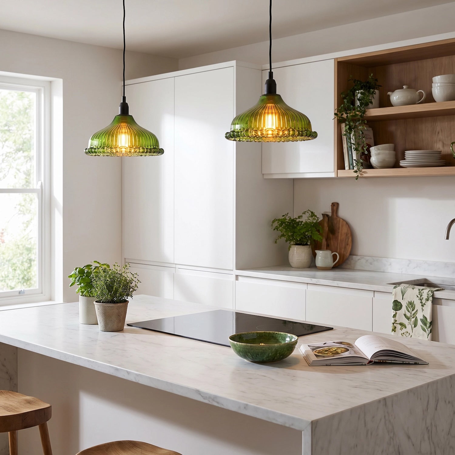 Modern Green Line Ribbed Glass Pendant Light Shade with Moulded Edge Image 6