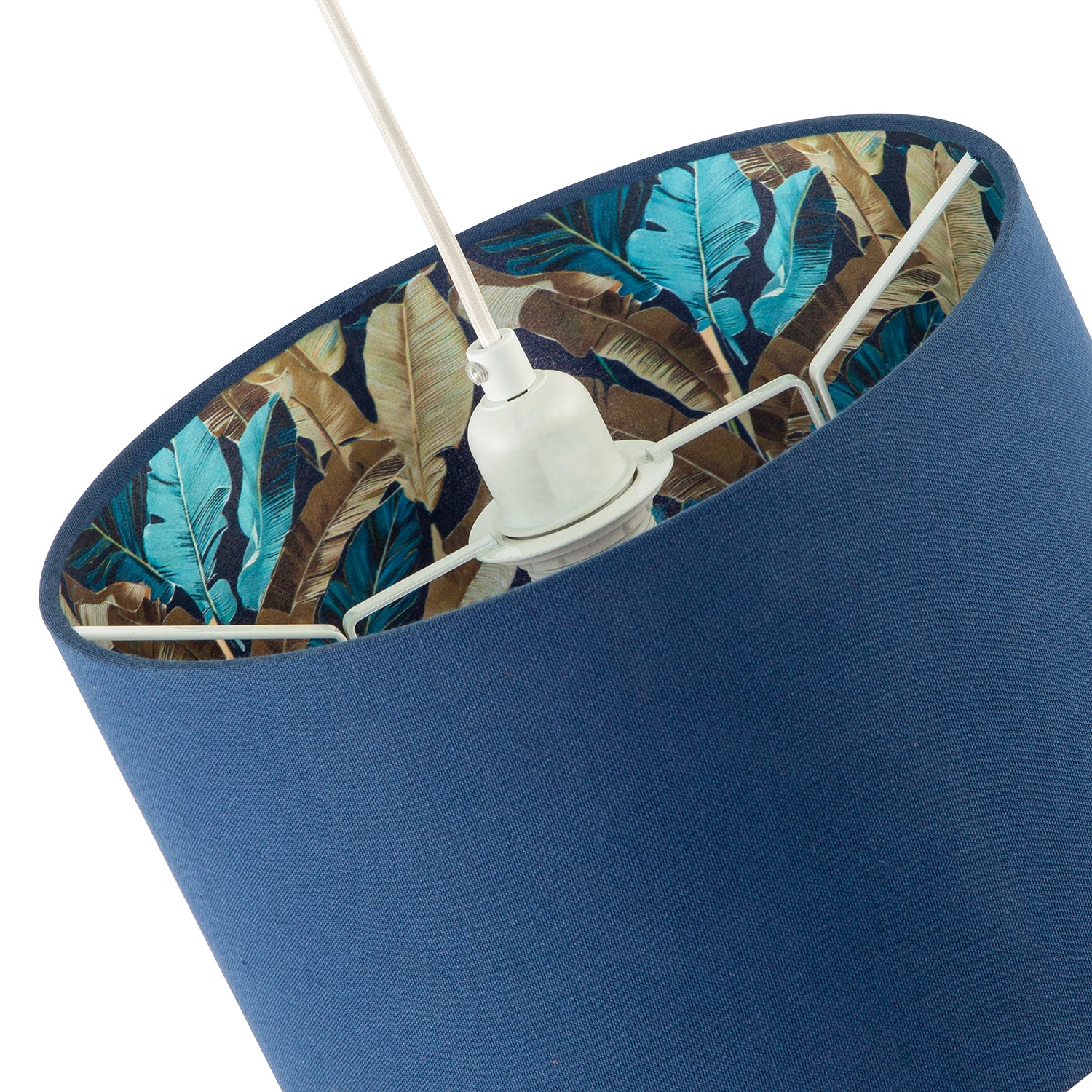 Modern Midnight Blue Linen Lamp Shade with Leaf Floral Pattern Lining Image 4
