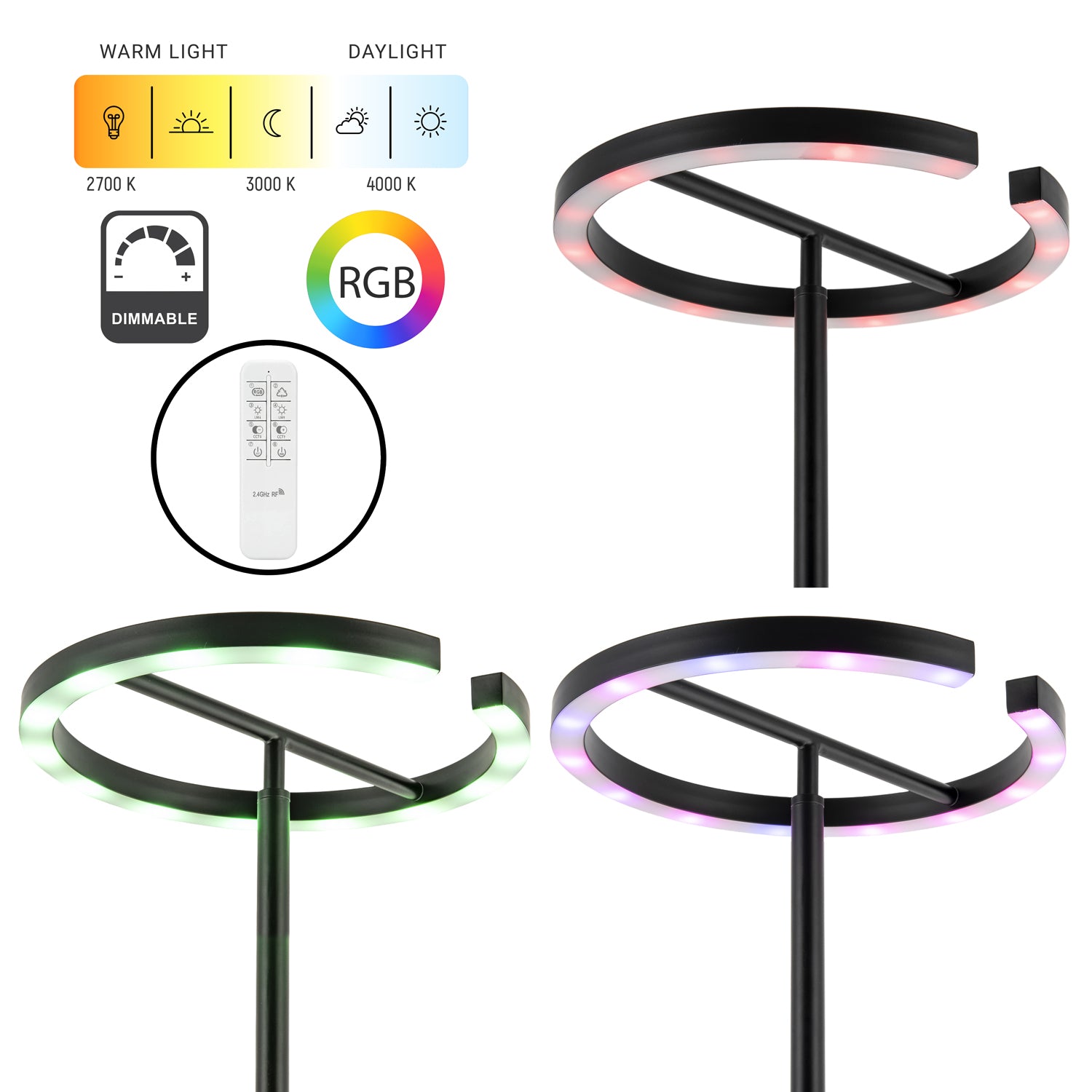 RGB and CCT Modern LED Halo Ring Black Floor Lamp with Remote Control Image 4