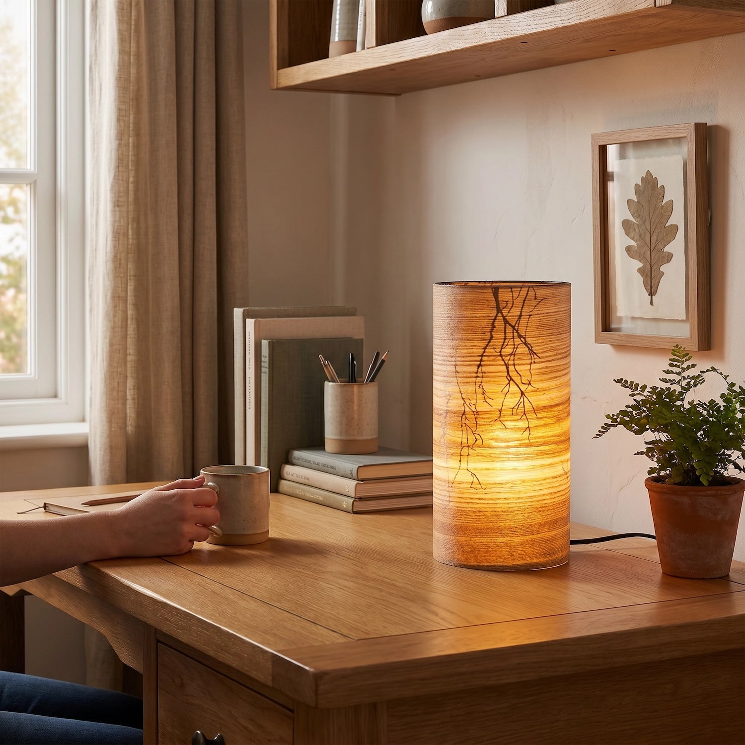 Bamboo Wood Effect Table Lamp with Black Woodland Trees Inner Lining Image 6