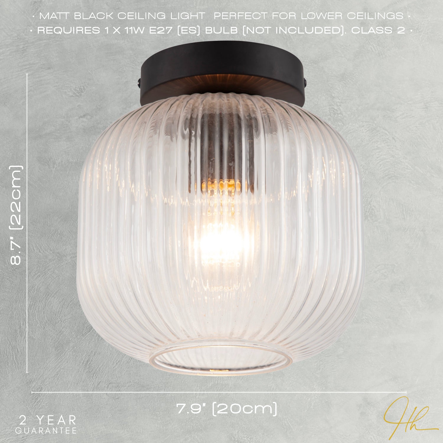 Contemporary Matte Black Ceiling Light with Clear Ribbed Glass Shade Image 7