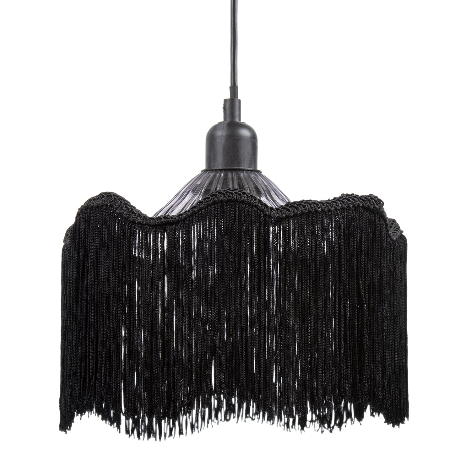Striking Black Fringed Smoked Glass Pendant Shade with Long Tassels Image 2