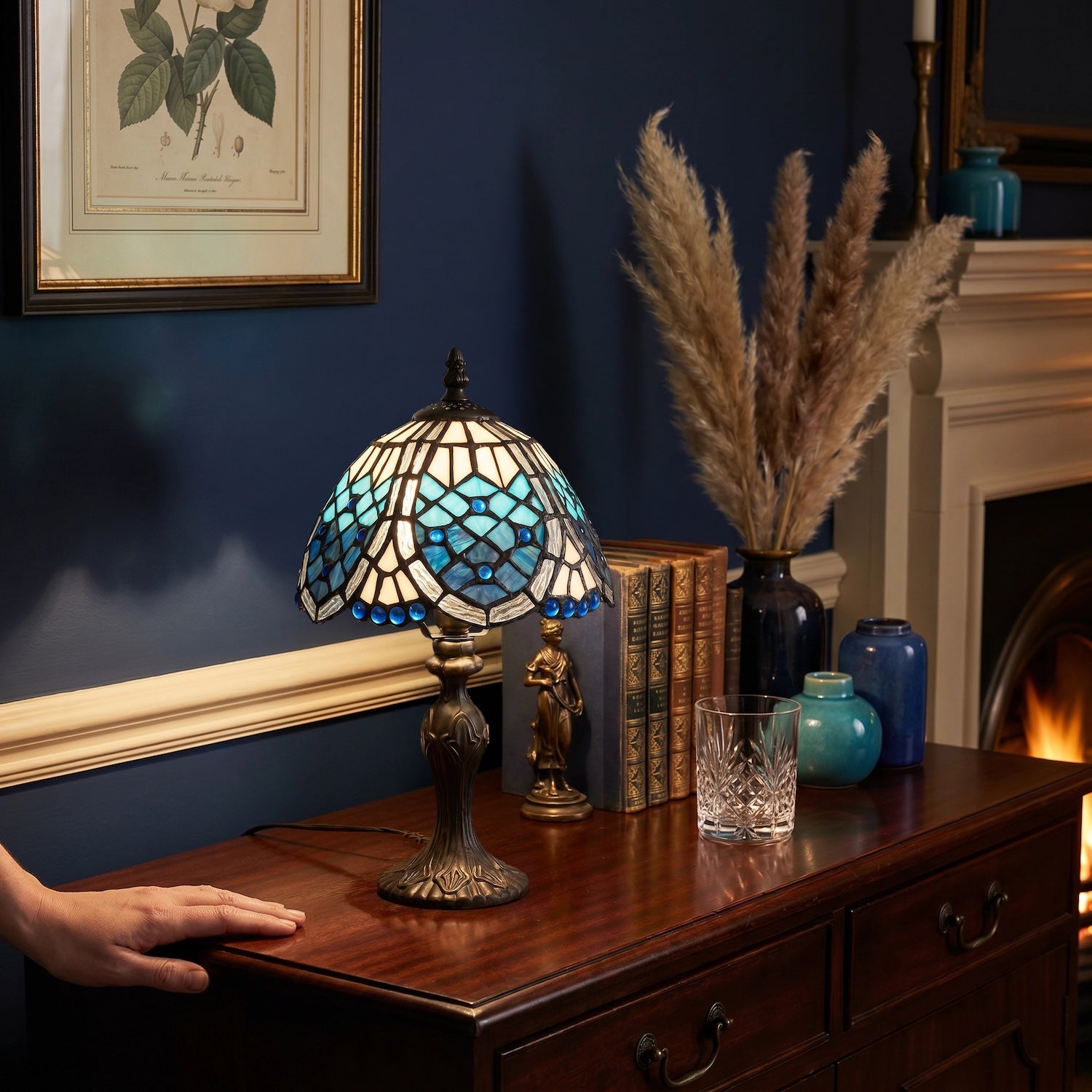 Sleek Hand Crafted Beaded Tiffany Table Lamp in Midnight and Sky Blue Image 6