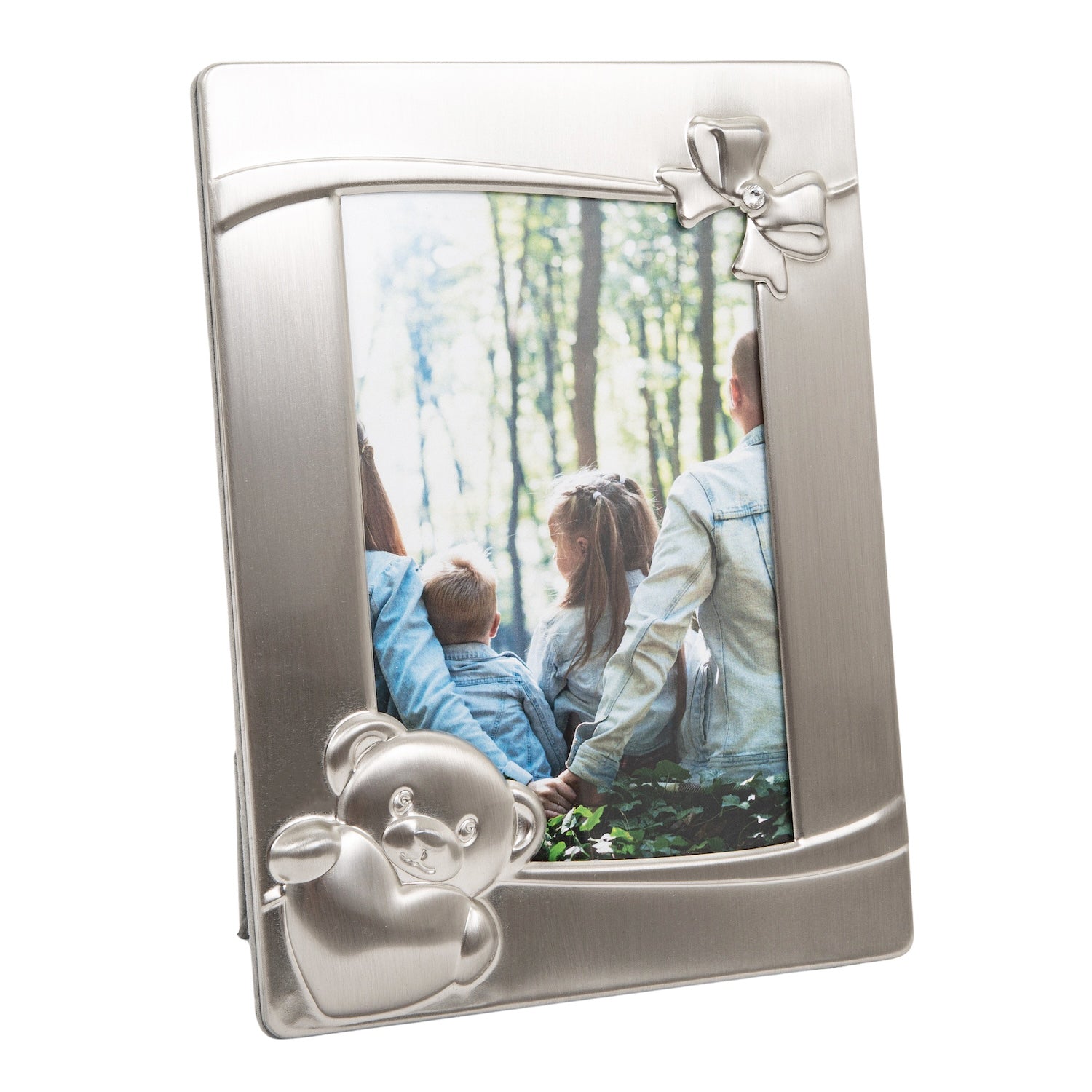 Bushed Pewter Baby Picture Frame with Teddy Bear and Bow with Diamante Crystal Image 1