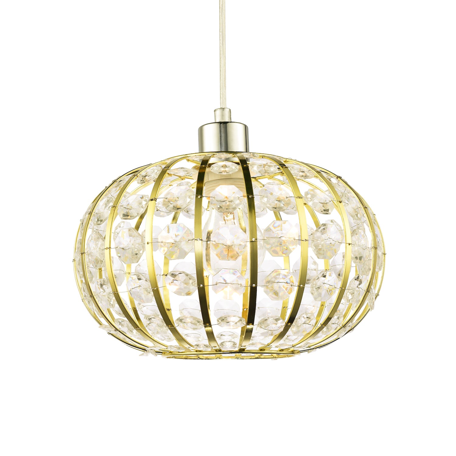 Modern Gold Plated Basket Cage Style Pendant Shade with Clear Acrylic Beads Image 1