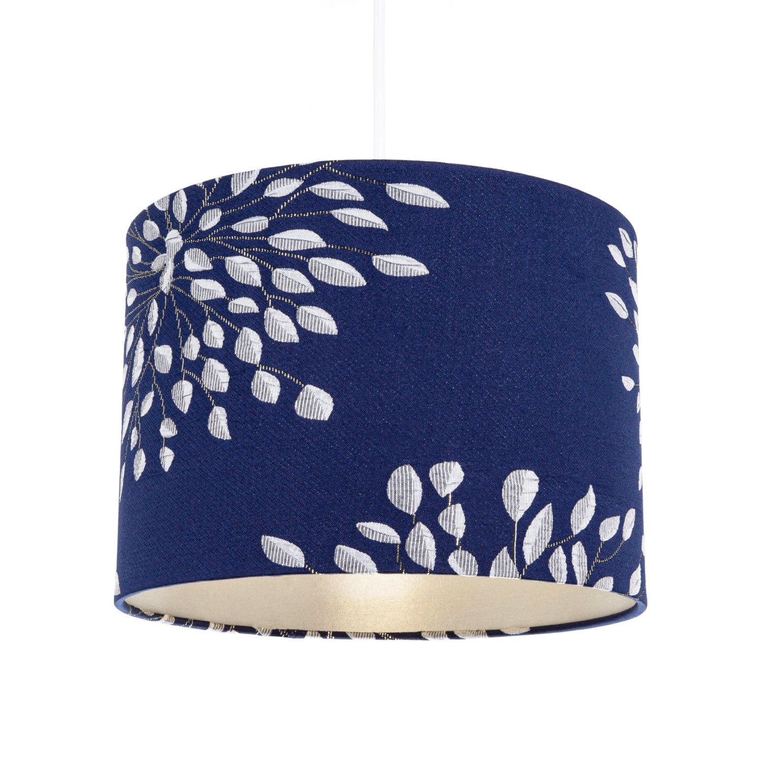 Modern Navy Midnight Blue Drum Lampshade with Off-White Floral Decoration Image 2