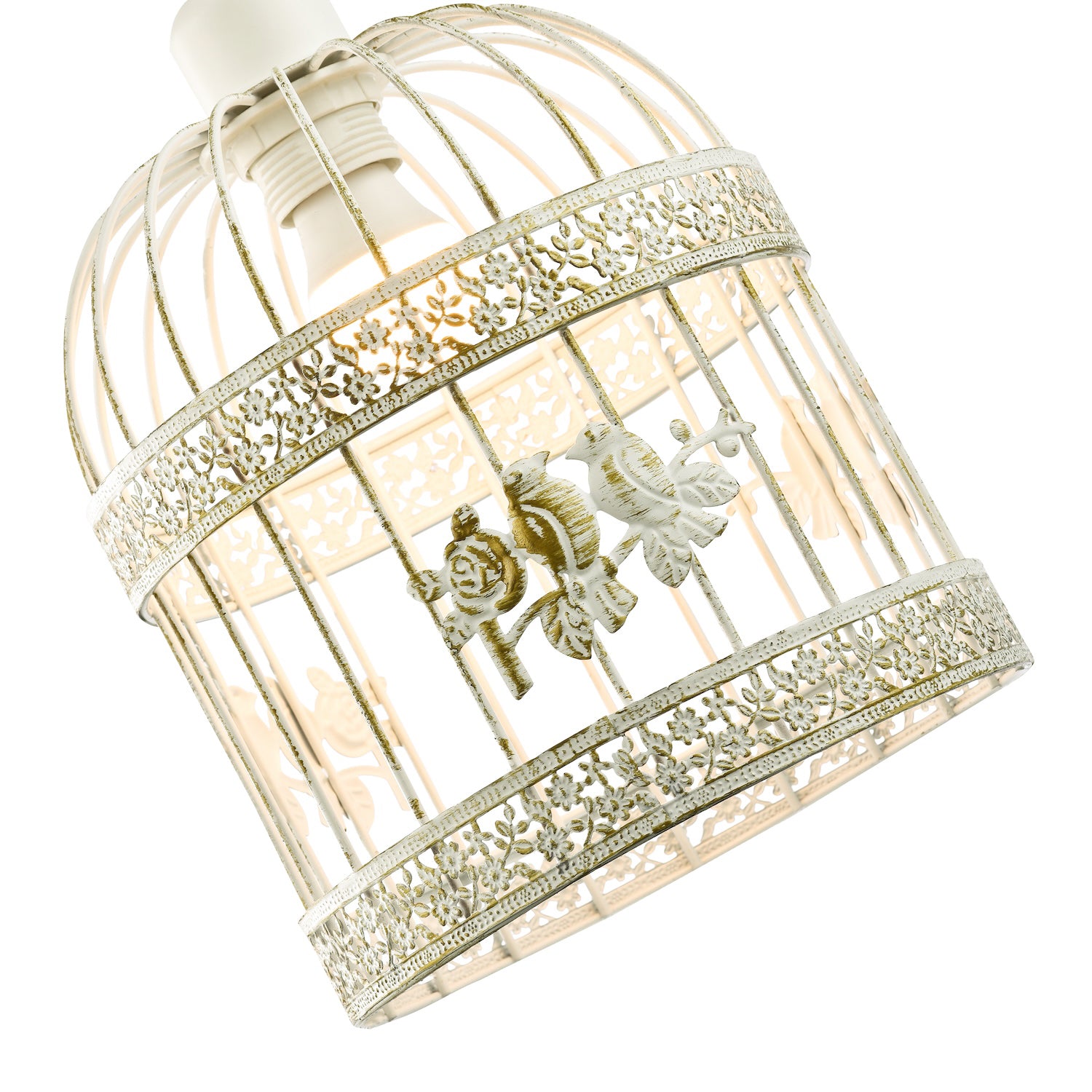 Shabby Chic Brushed Cream and Gold Birdcage Shade with 3D Flowers and Birds Image 4