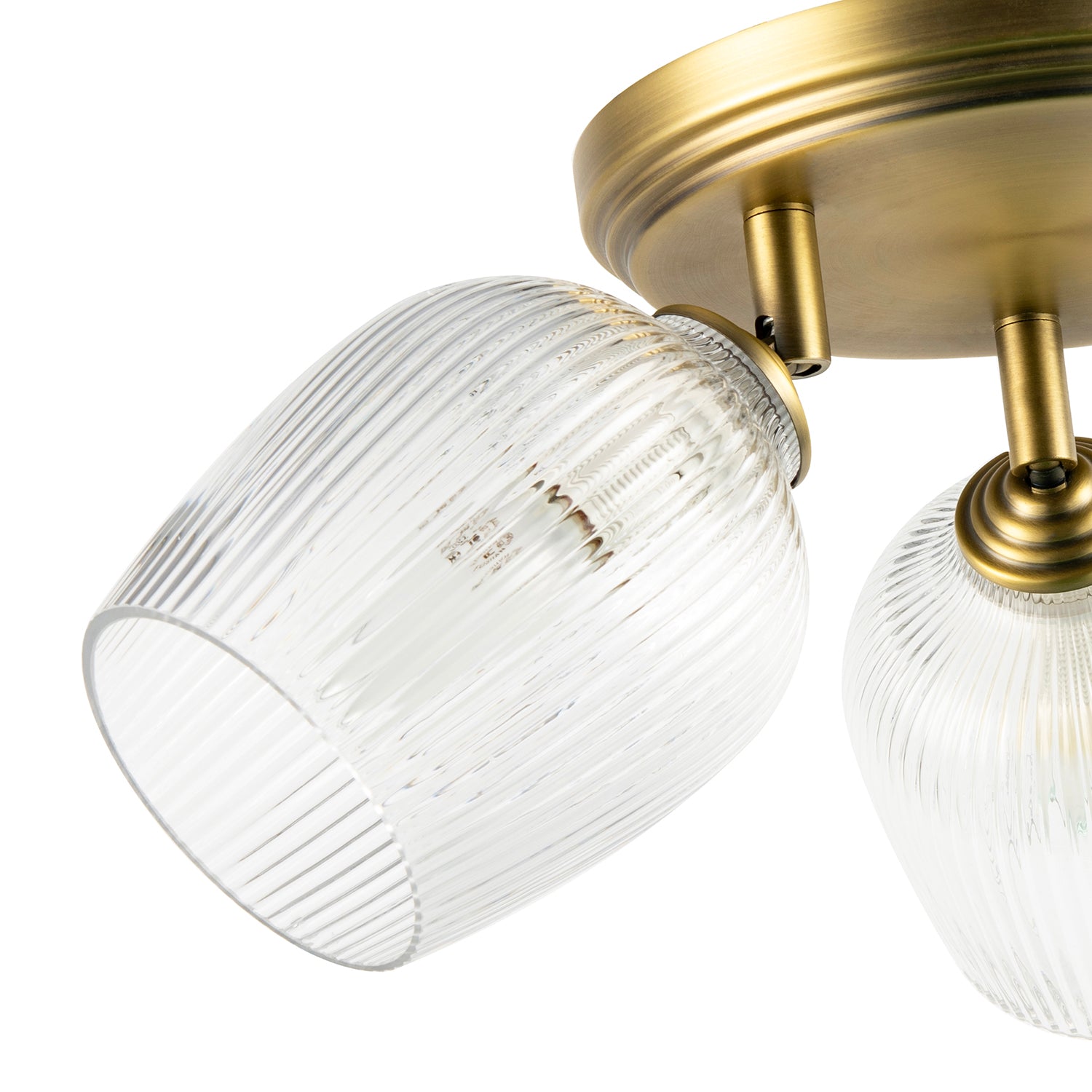 Antique Brass Triple Spot Ceiling Light with Clear Ribbed Glass Shades Image 4