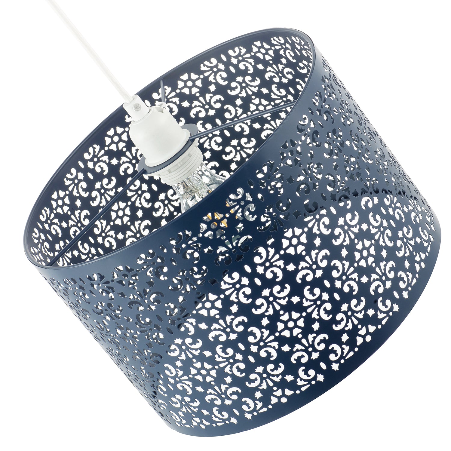 Midnight Blue Moroccan Metal Pendant Lamp Shade with Floral Decoration Image 3