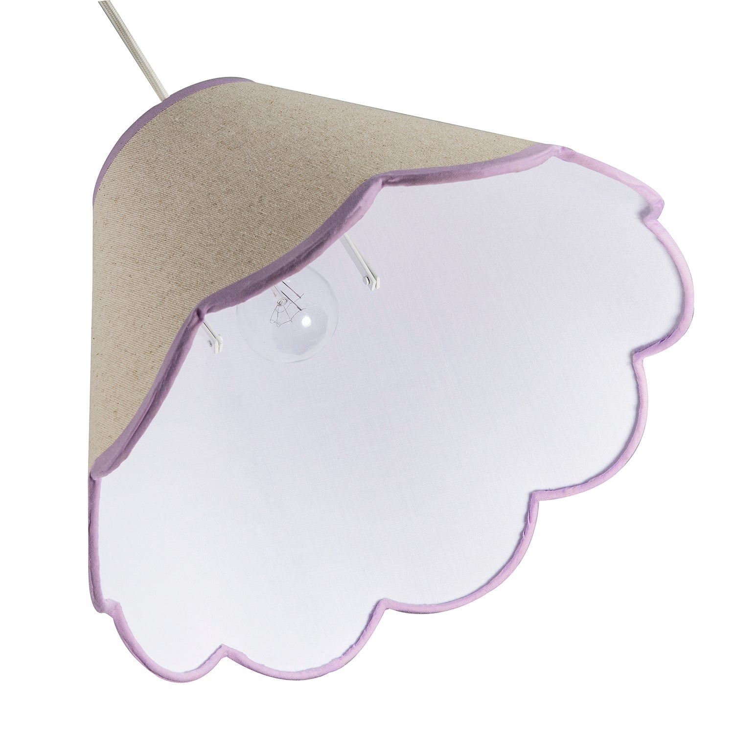 Scallop Edge Natural Textured Linen Coolie Lamp Shade with Lilac Trims Image 3