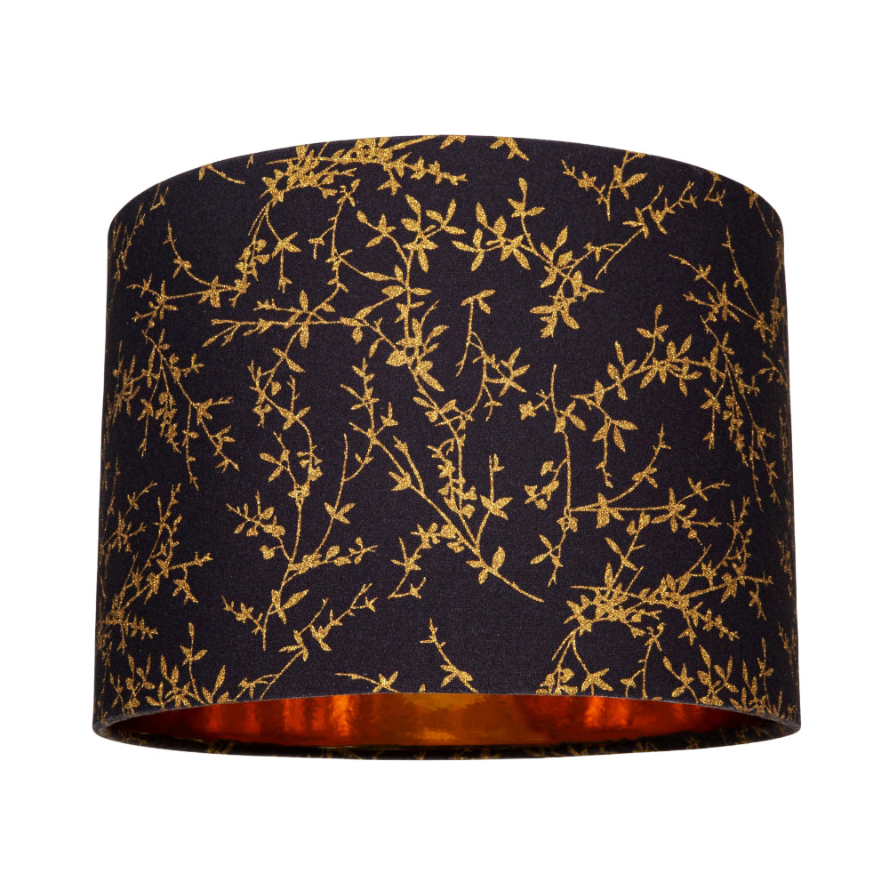 Modern Jet Black Cotton Fabric 10" Lamp Shade with Gold Foil Floral Decoration Image 1