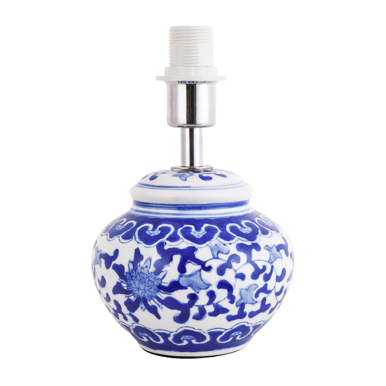 Hand Painted Oriental Floral Themed Ceramic Table Lamp Base in Blue and White Image 1