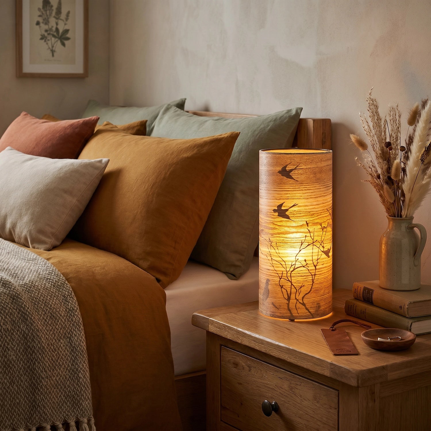 Bamboo Wood Effect Table Lamp with Black Birds and Trees Inner Lining Image 6