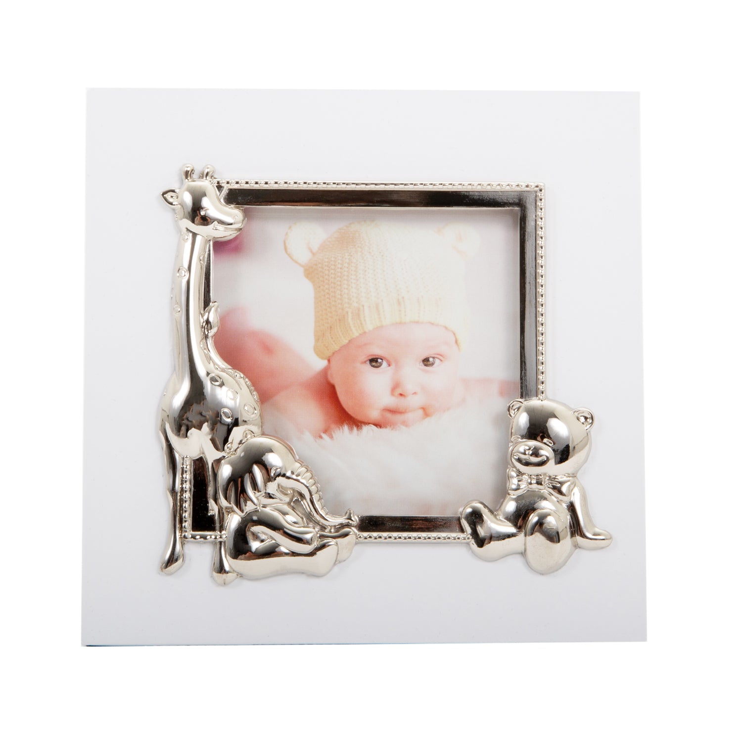 Small White Baby Photo Frame with Silver Plated Giraffe Elephant and Teddy Bear Image 2