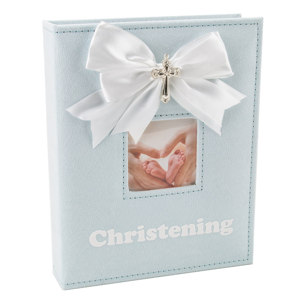 White Faux-Silk Bow and Silver Plated Cross Christening Photo Album in Blue Image 1