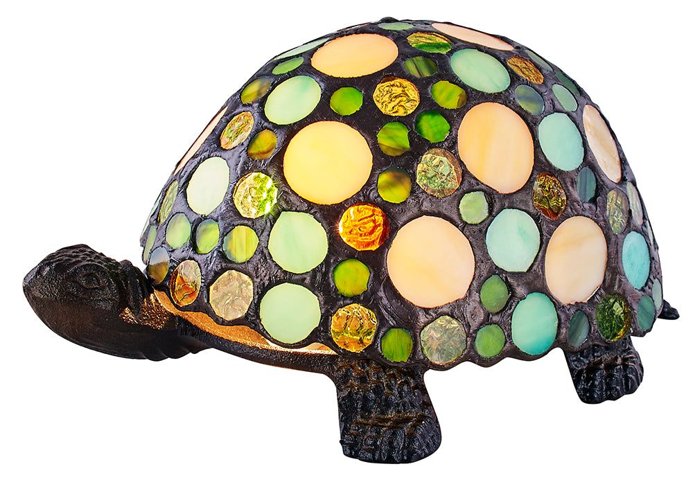 Handmade Green and Amber Pebble Glass Tortoise Tiffany Lamp with Bronze Base Image 1