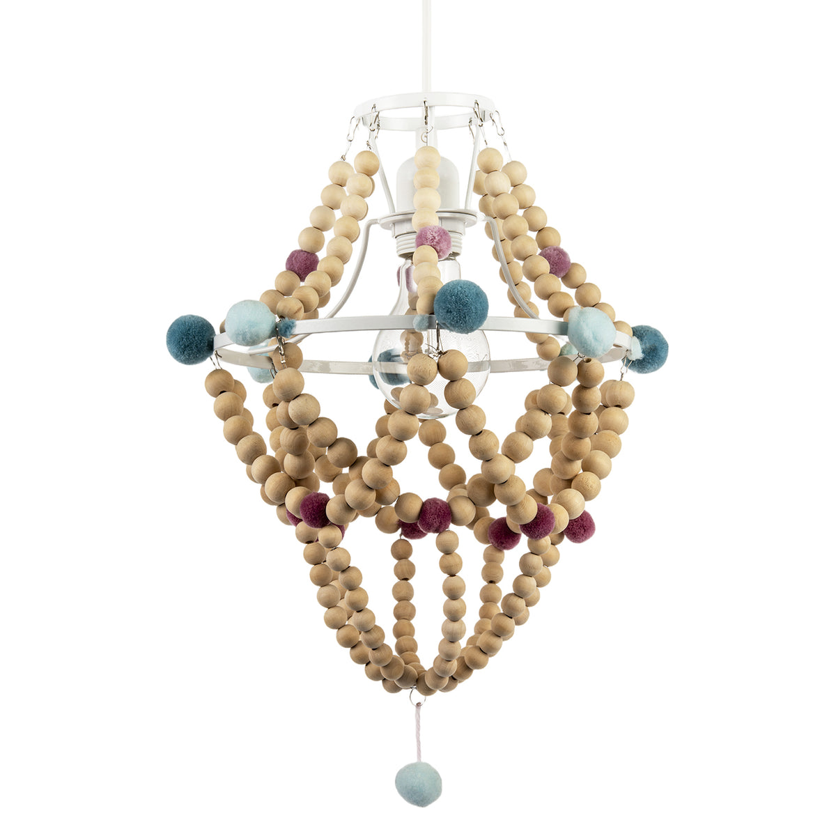 Wooden Beaded Chandelier Style Pendant Shade with Coloured Pom Poms Image 1