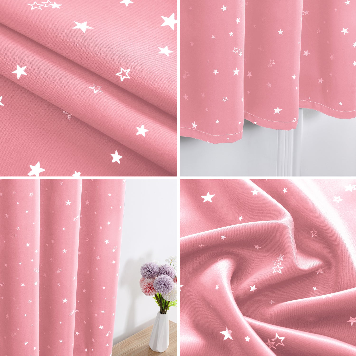 Pink Stars Pattern Eyelet Thermal Blackout Curtain - 52 x 63 Inch Drop - 2 Panel Image 2