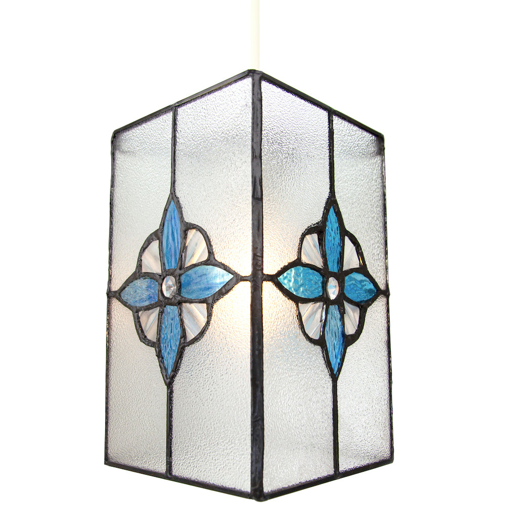 Traditional Clear Glass Tiffany Style Pendant Light Shade with Teal Panels Image 3