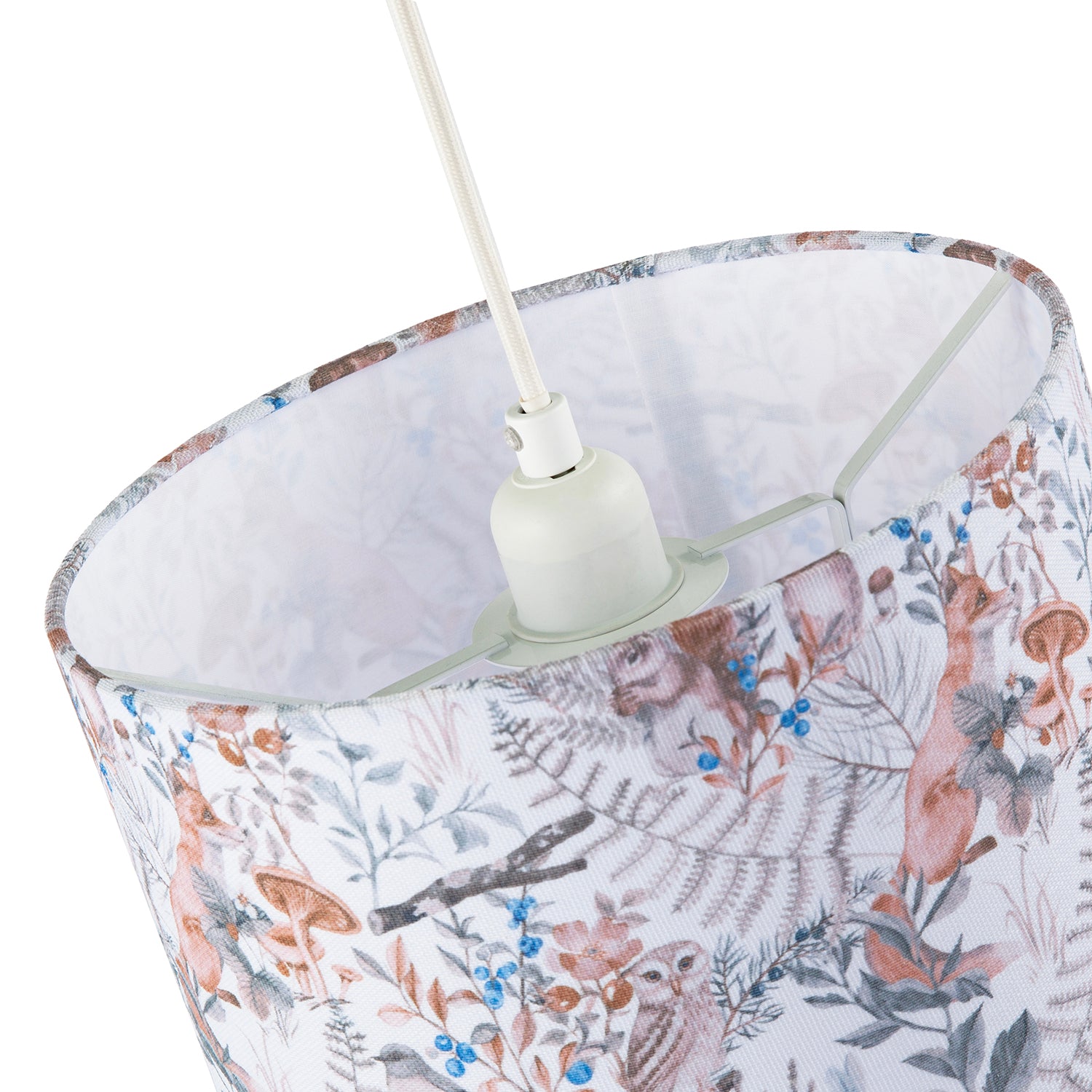 Autumnal Linen Lamp Shade with Woodland Creatures Owls Birds Badgers Image 4