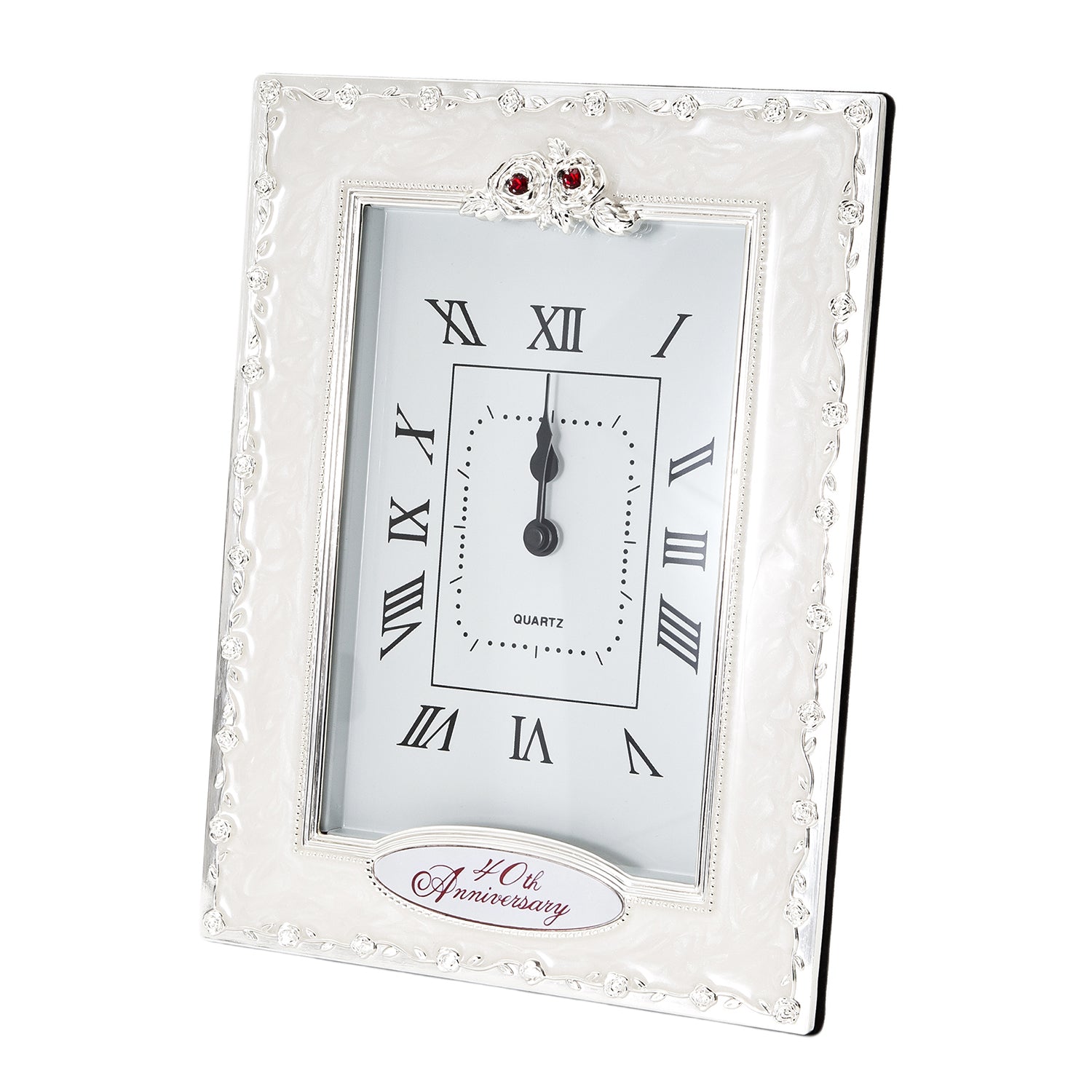 40th Anniversary Clock with Silver Plated Roses and Red Diamantes Image 1