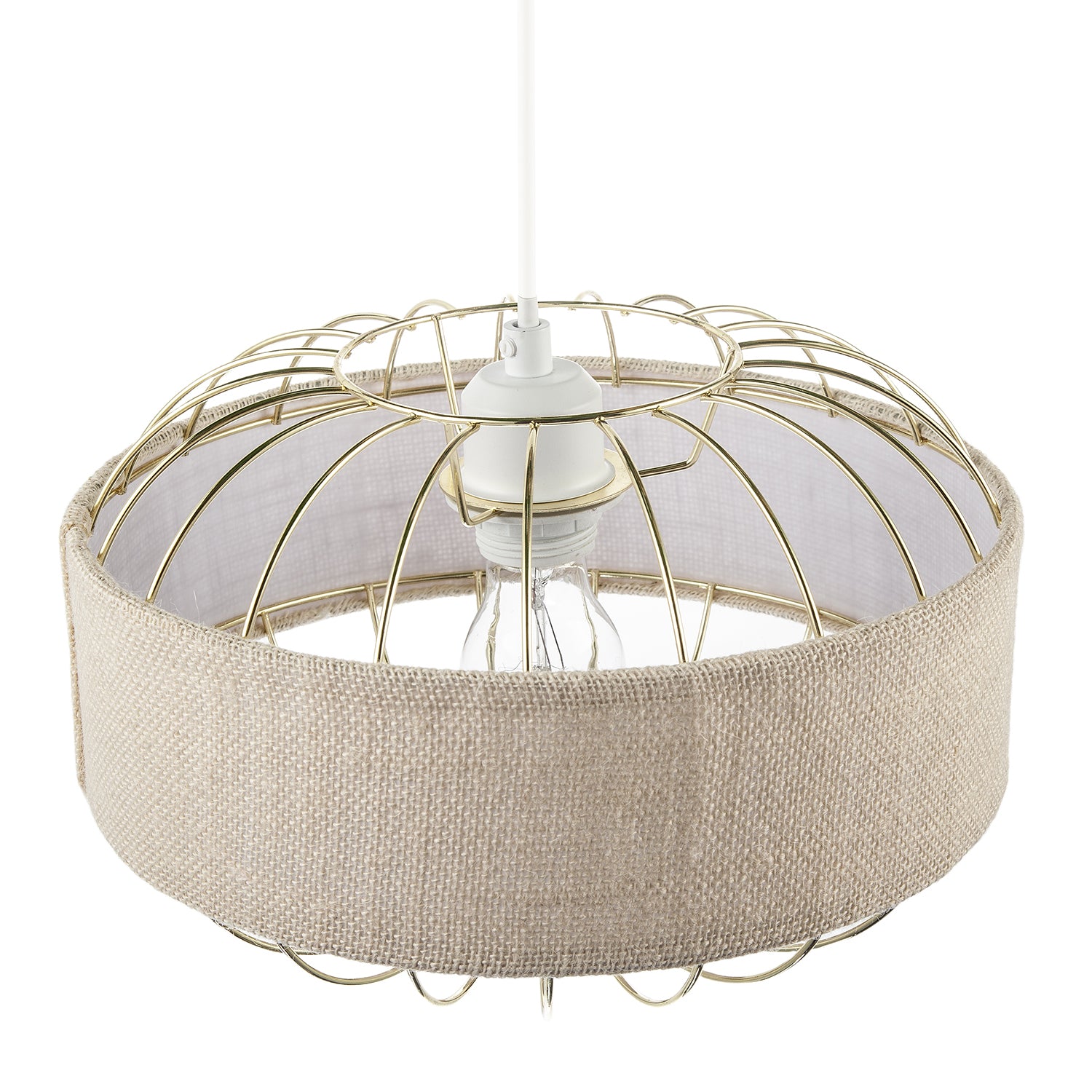 Unique Pendant Shade with Gold Metal Wire Frame and Linen Fabric Band Image 3