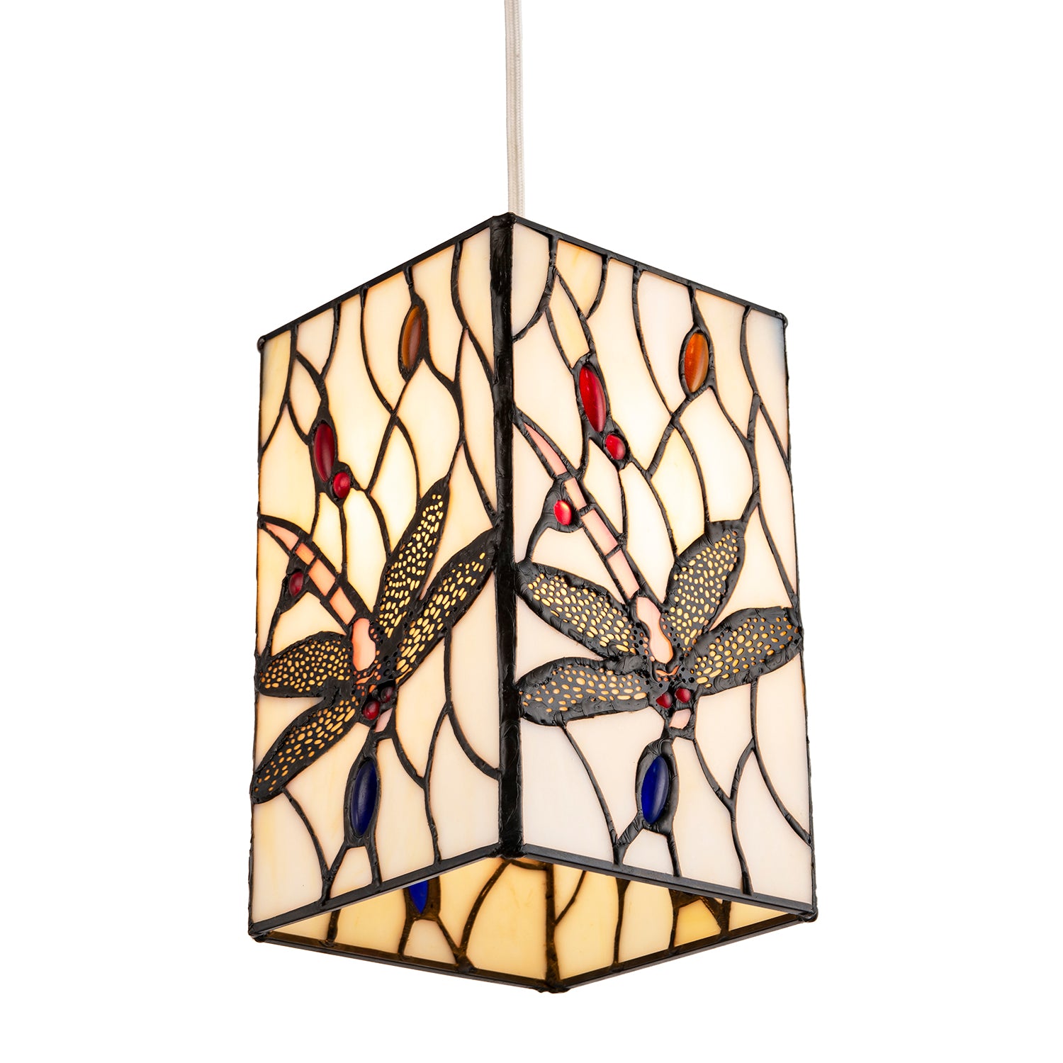 White Stained Glass Dragonfly Rectangular Tiffany Pendant Light Shade Image 8