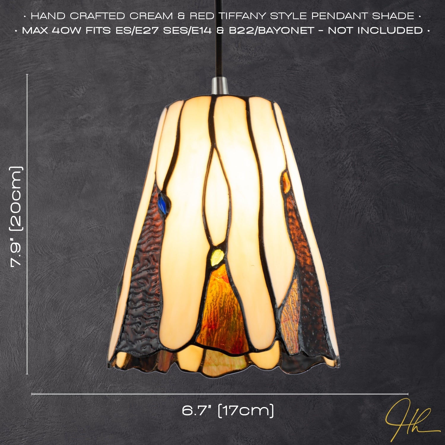 Traditional Amber Stained Glass Tiffany Pendant Light Shade with Coloured Gems Image 6