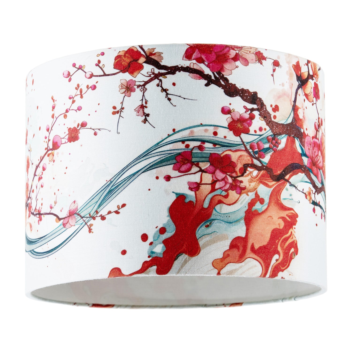 Red Cherry Blossom Watercolour Japanese Themed Fabric Drum Lamp Shade Image 1