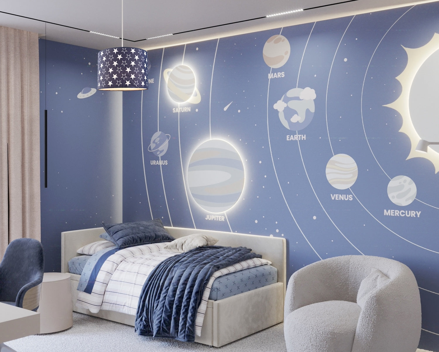 White Stars Children's/Kids Blue Cotton Fabric Bedroom Lamp or Pendant Shade Image 7