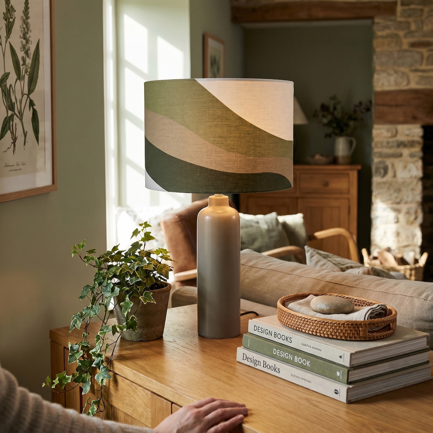 Olive Green Linen Fabric Lamp Shade with Inner and Outer Wavy Design Image 6