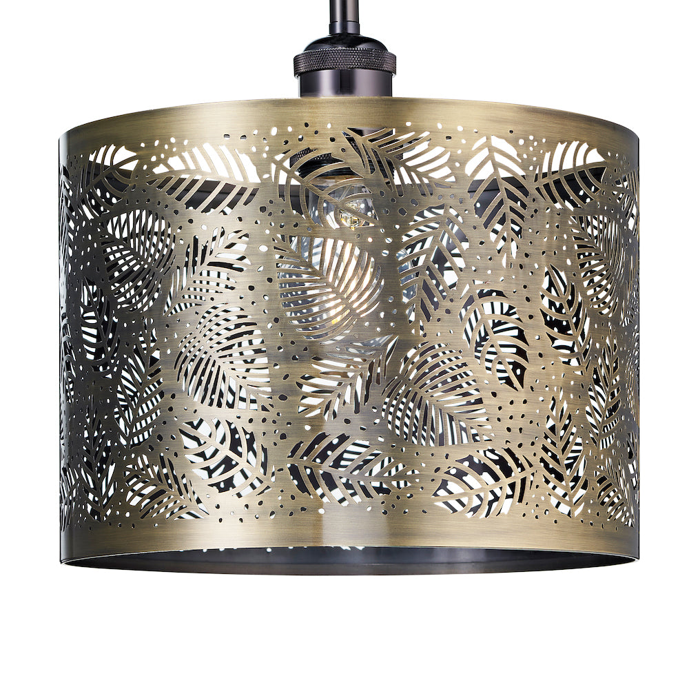 Contemporary Antique Brass Metal Pendant Light Shade with Fern Leaf Decoration Image 1