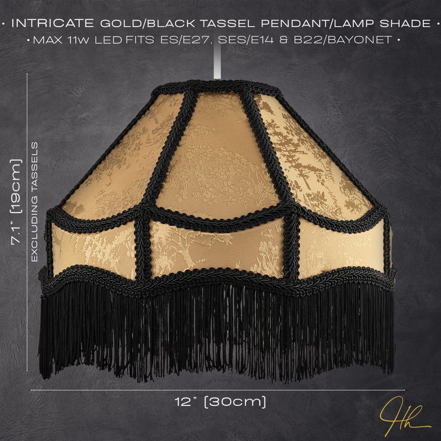 Gold Shimmer Victorian Lamp Shade with Floral Decoration and Black Long Tassels Image 6