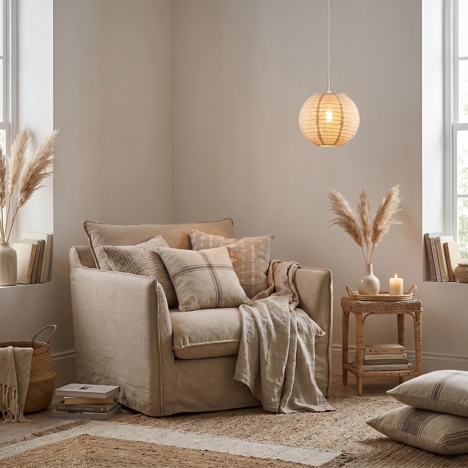 Chic Natural Linen Fabric Oatmeal Spherical Pendant Lighting Shade Image 6