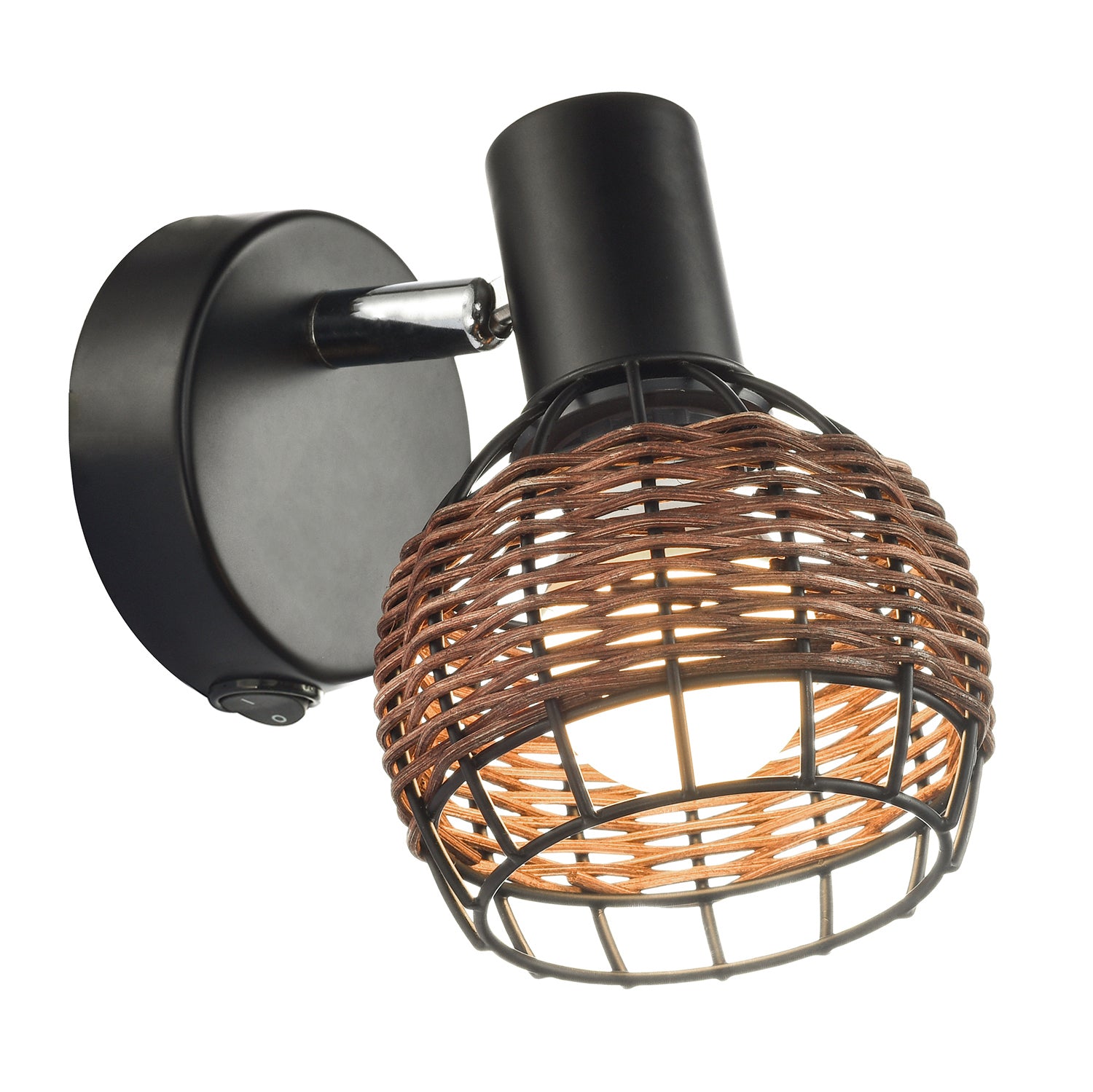 Industrial and Vintage Black Switched Wall Light with Dark Rattan Framed Shade Image 1