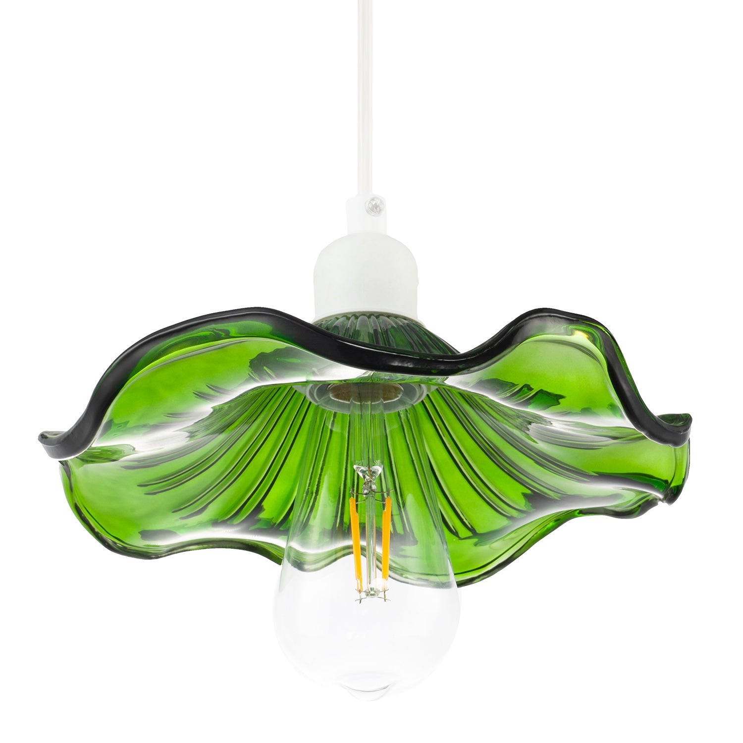 Designer Ribbed Emerald Glass Pendant Shade with Wavy Ruffled Edge Image 4
