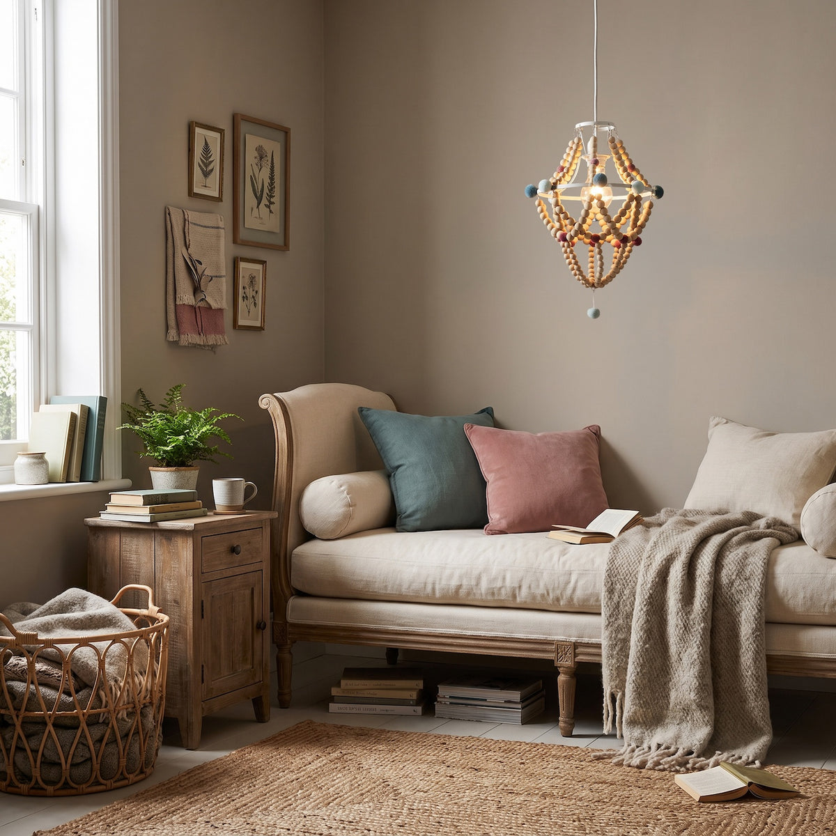 Wooden Beaded Chandelier Style Pendant Shade with Coloured Pom Poms Image 6