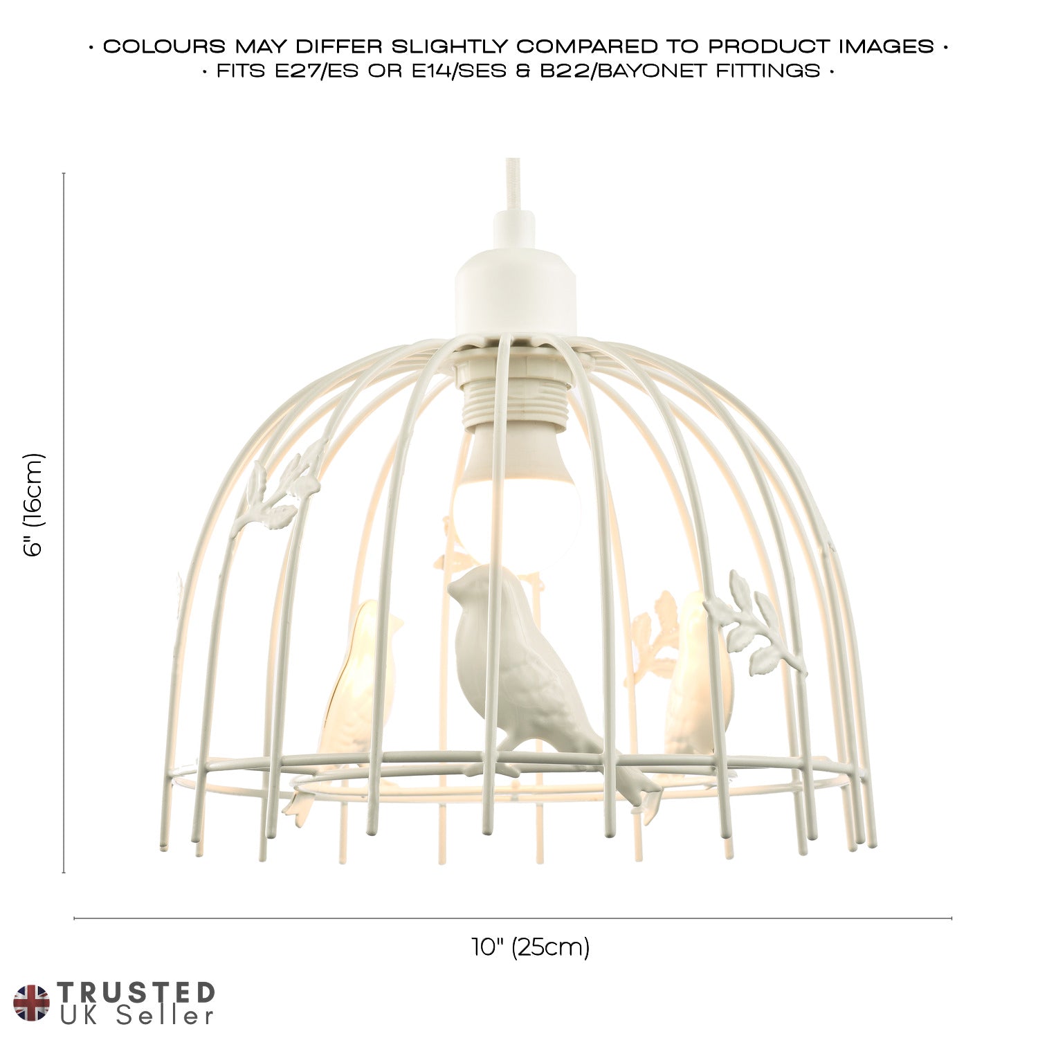 Birdcage Pendant Shade in White Gloss Metal with Birds and Leaves - Shabby Chic Image 6