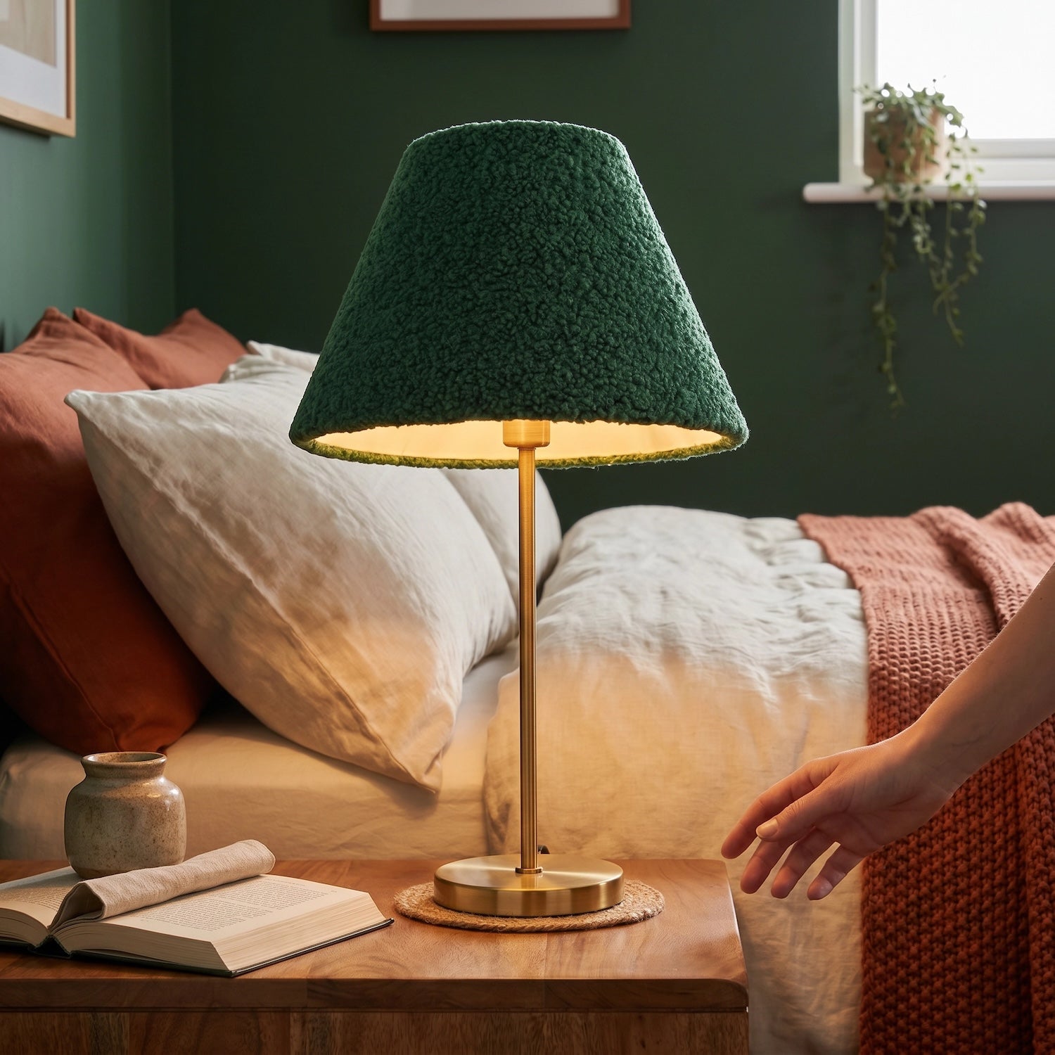 Emerald Green Textured Velvet Wool Fabric Lamp Shade with White Inner Image 6