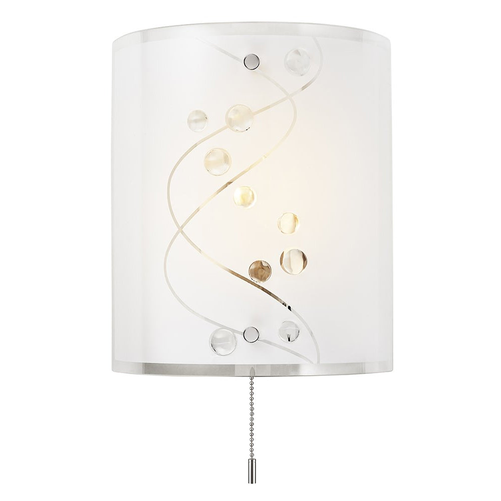 Contemporary White Glass and Clear Glass Beaded Wall Light with Pull Switch Image 1