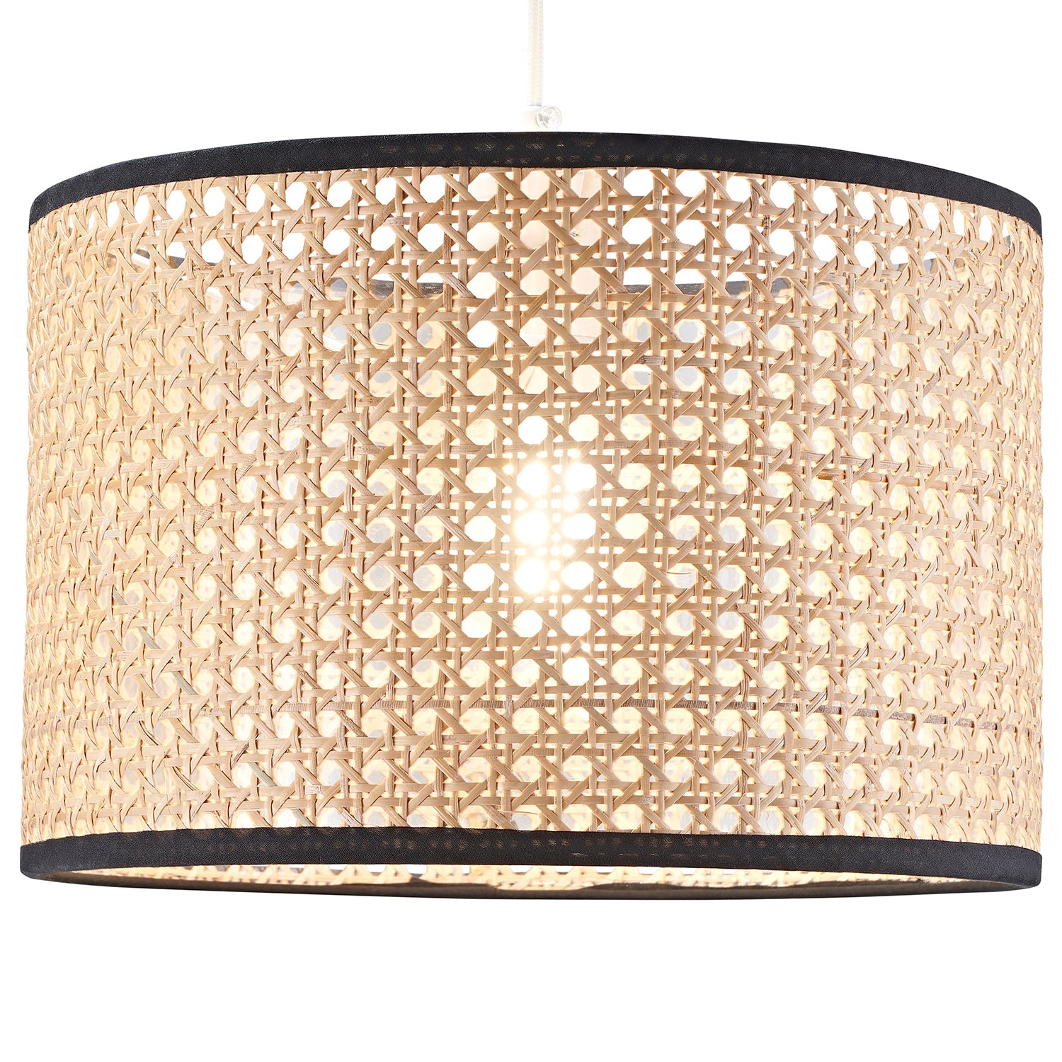 Natural Wicker Rattan Drum Shaped Pendant Lamp Shade with Black Cotton Trims Image 2